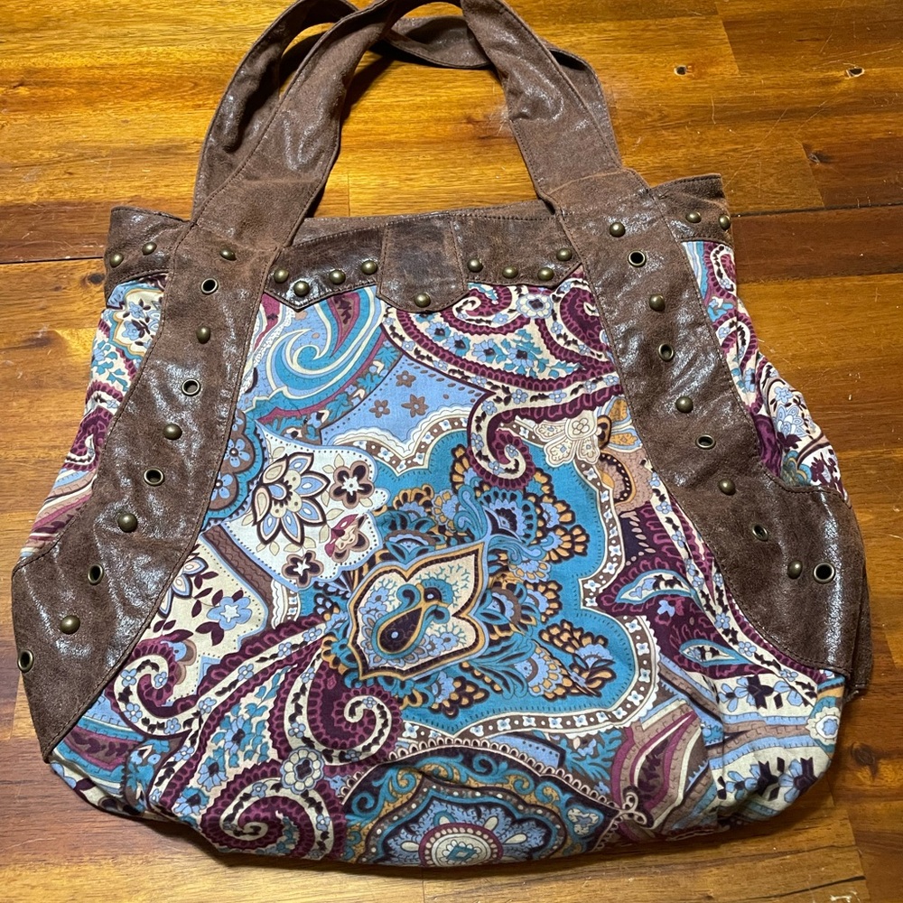 Ebisu Boho tote distressed leather gently used condition paisley bag